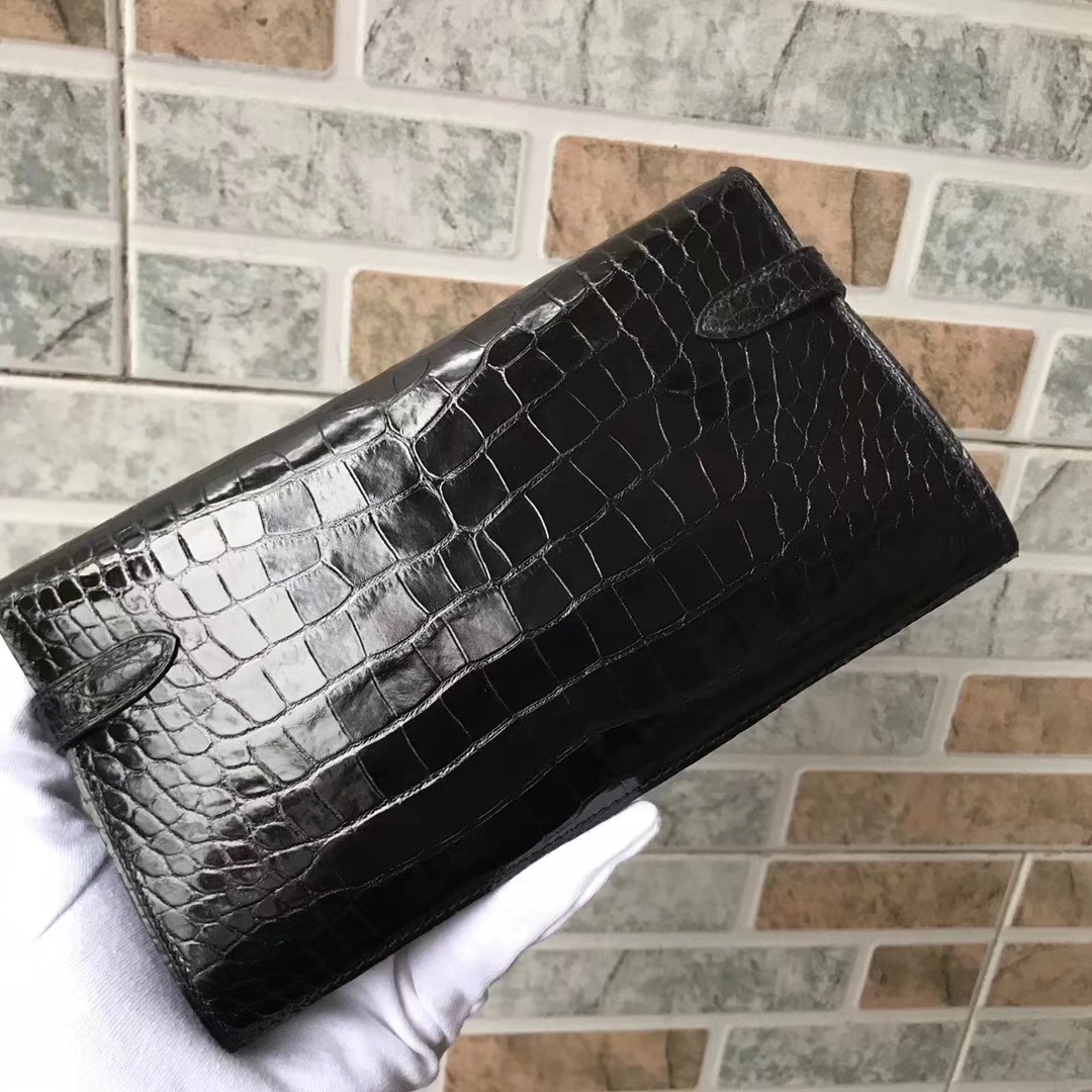 エルメスウォレット価格ケリーウォレットCK89ブラックシャイニークロコダイルレザーウォレットクラッチシルバーバックル