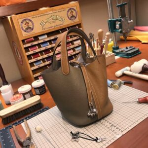 ピコタン展示｜エルメスカラーブロックバケットバッグエルメスピコチン18/22cm8Cエレファントグレーとゴールドブラウンクレマンスレザーシルバーバックル