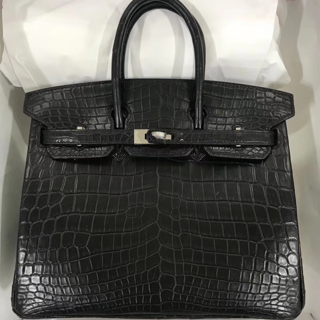 エルメスバーキンバッグエルメスブラックマットクロコダイルレザープラチナバッグBirkin25CMシルバーバックル