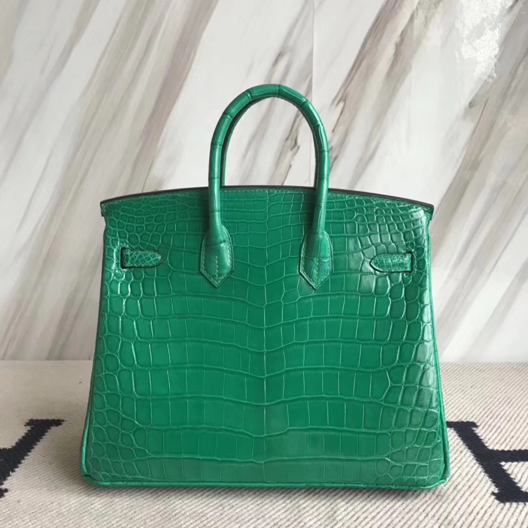 広州バッグ卸売エルメス6Qエメラルドグリーン光沢のあるクロコダイルレザープラチナバッグBirkin25CMゴールドバックル