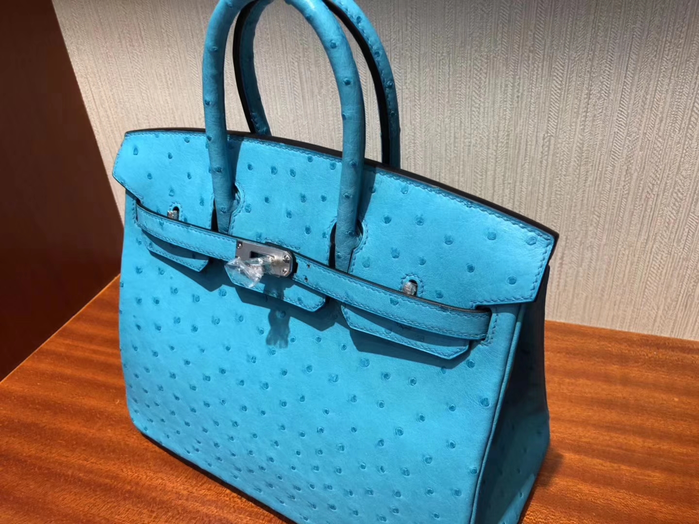 スポットエルメスバーキンレディースバッグエルメストップKKオーストリッチレザープラチナバッグBirkin25CM3Pマカロンブルーシルバーバックル