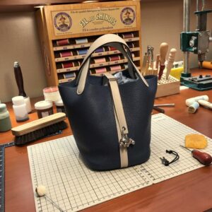 ピコタン展示｜エルメスカラーブロックピコチンバッグエルメスオリジナルクレマンスレザー7Aロイヤルブルー80パールグレーベジタブルバスケットバッグシルバーバックル