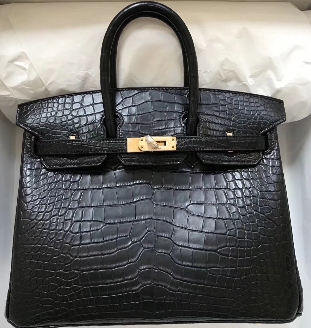 スポットエルメスバーキンバッグエルメスマットクロコダイルレザープラチナバッグBirkin25CMck89ブラックゴールドバックル