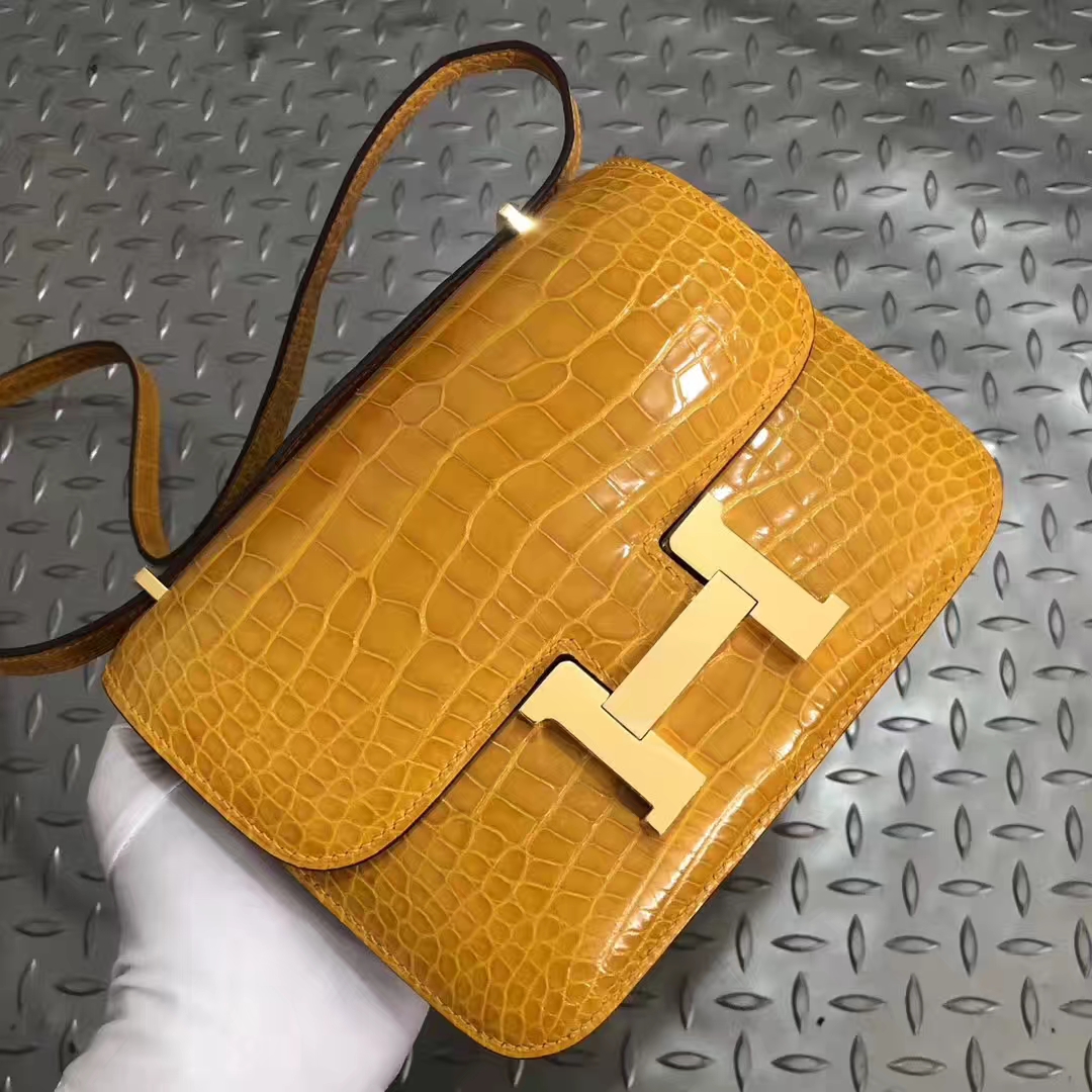 スポットエルメスコンスタンスバッグ18CMエルメスシャイニークロコダイルスキンコンスタンスバッグ9Dアンバーゴールドバックル