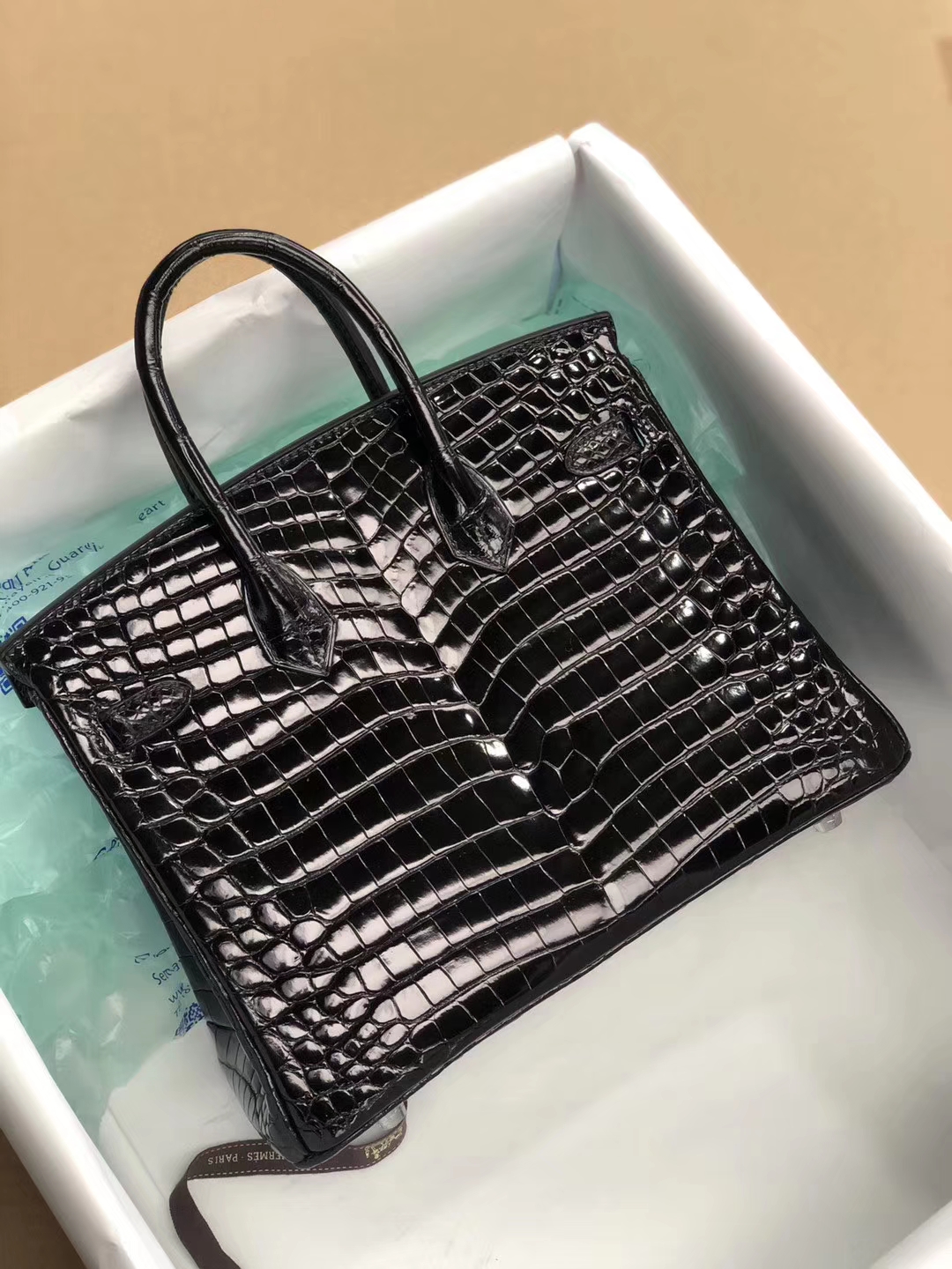 スポットエルメスプラチナバッグクロコダイルスキンエルメスシャイニーアーチビーズクロコダイルスキンBirkin25CMCK89ブラックシルバーバックル