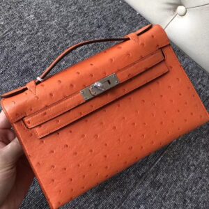 ミニケリー展示|エルメスミニケリーポシェットエルメス93オレンジKKオーストリッチレザーミニケリークラッチシルバーバックル