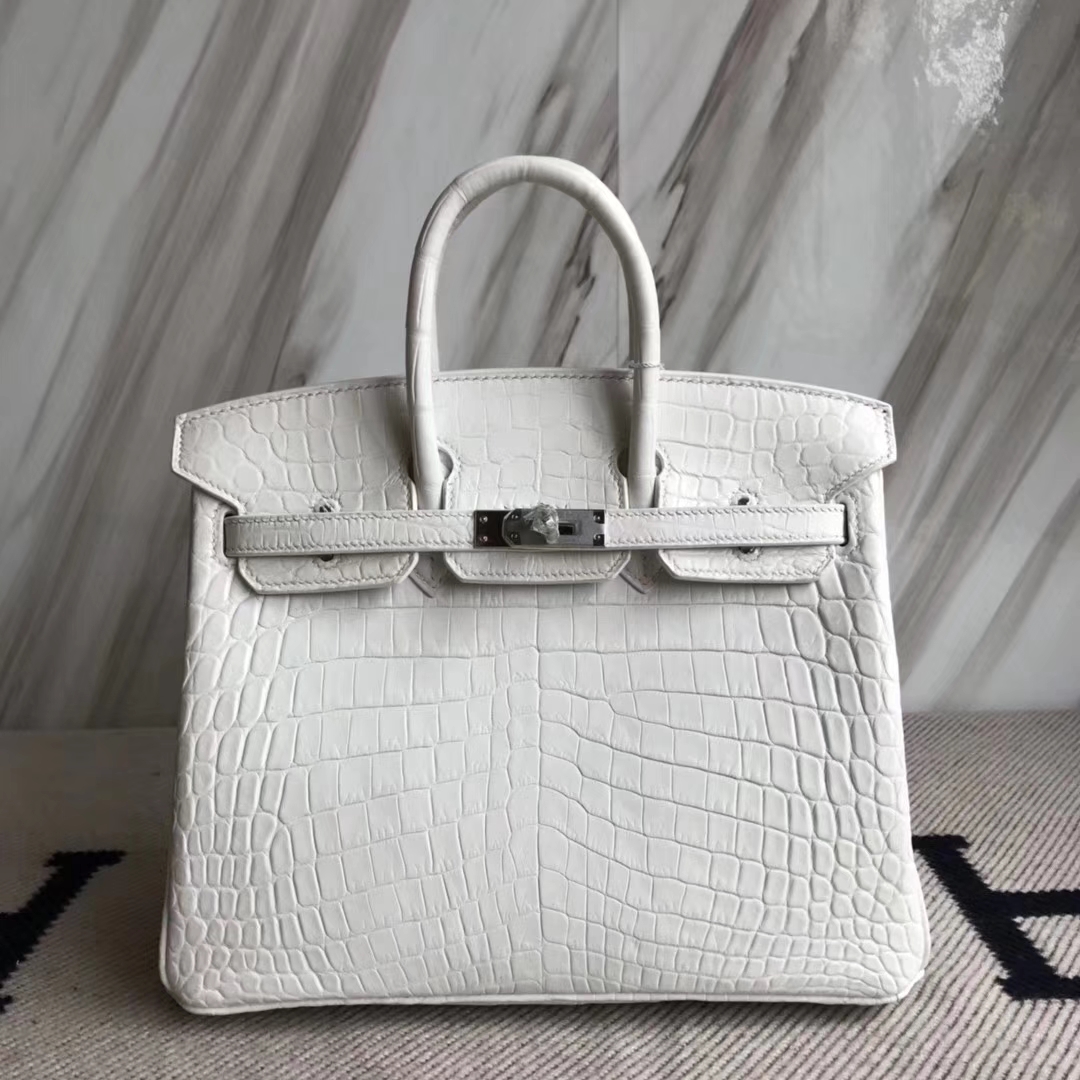 エルメスBirkin25CMエルメス輸入マットクロコダイルレザープラチナバッグ01ピュアホワイトシルバーバックル