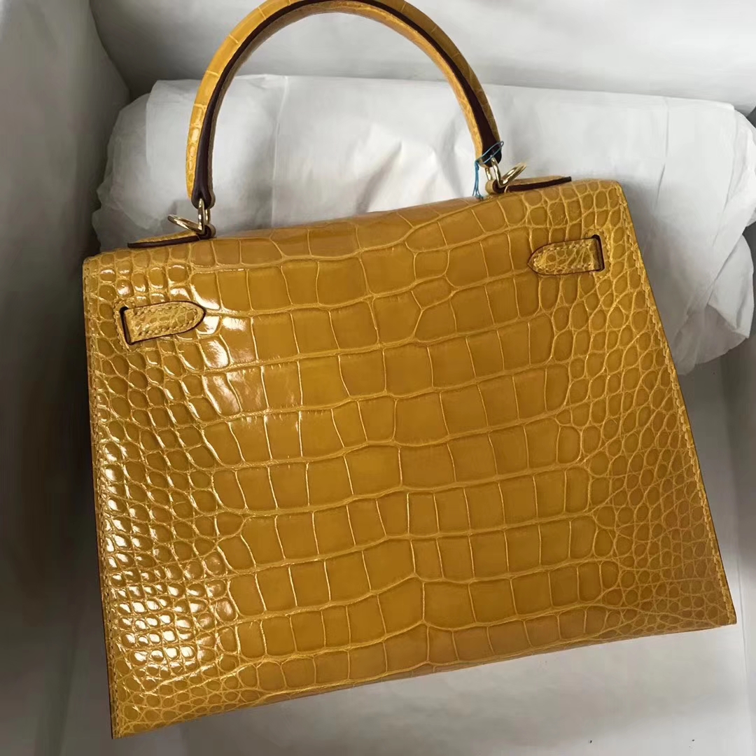 エルメスケリーバッグサイズエルメスケリー25CM9Dアンバーイエローシャイニークロコダイルレザーゴールドバックル