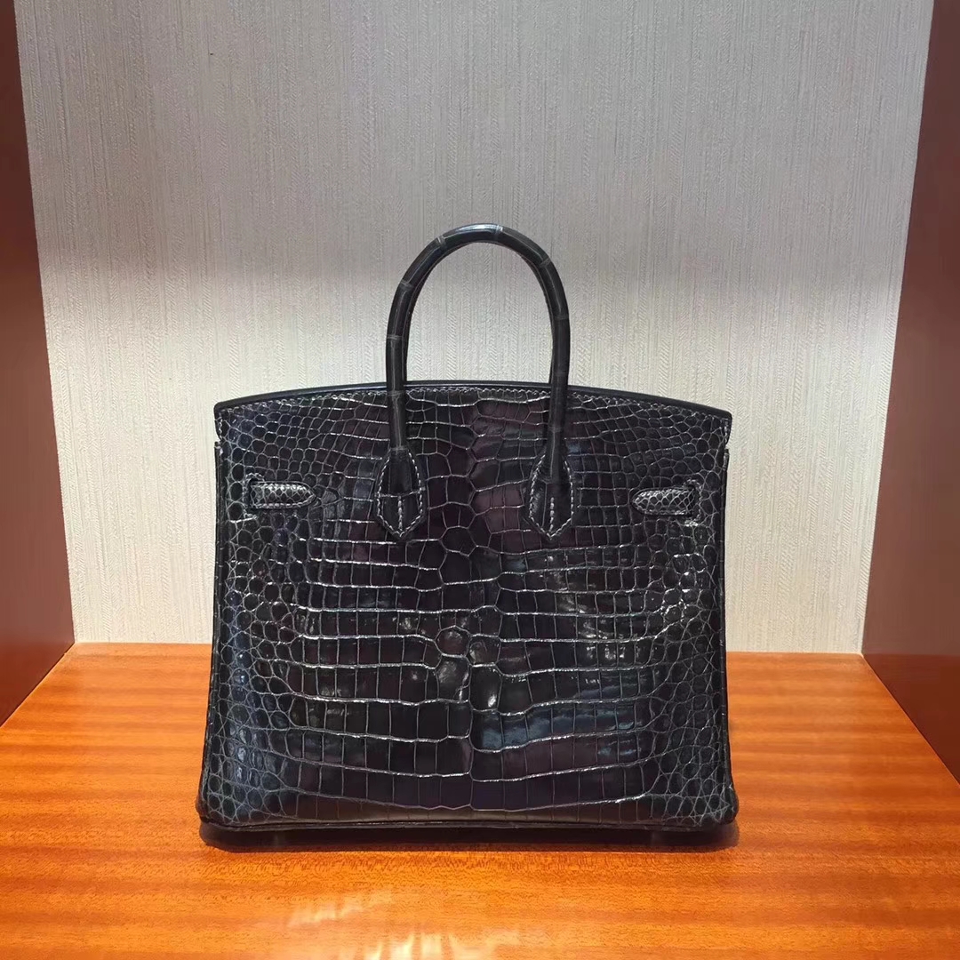 エルメスバーキンバッグエルメスオリジナルシャイニークロコダイルレザープラチナバッグBirkin25CMCK88グラファイトグレーシルバーバックル