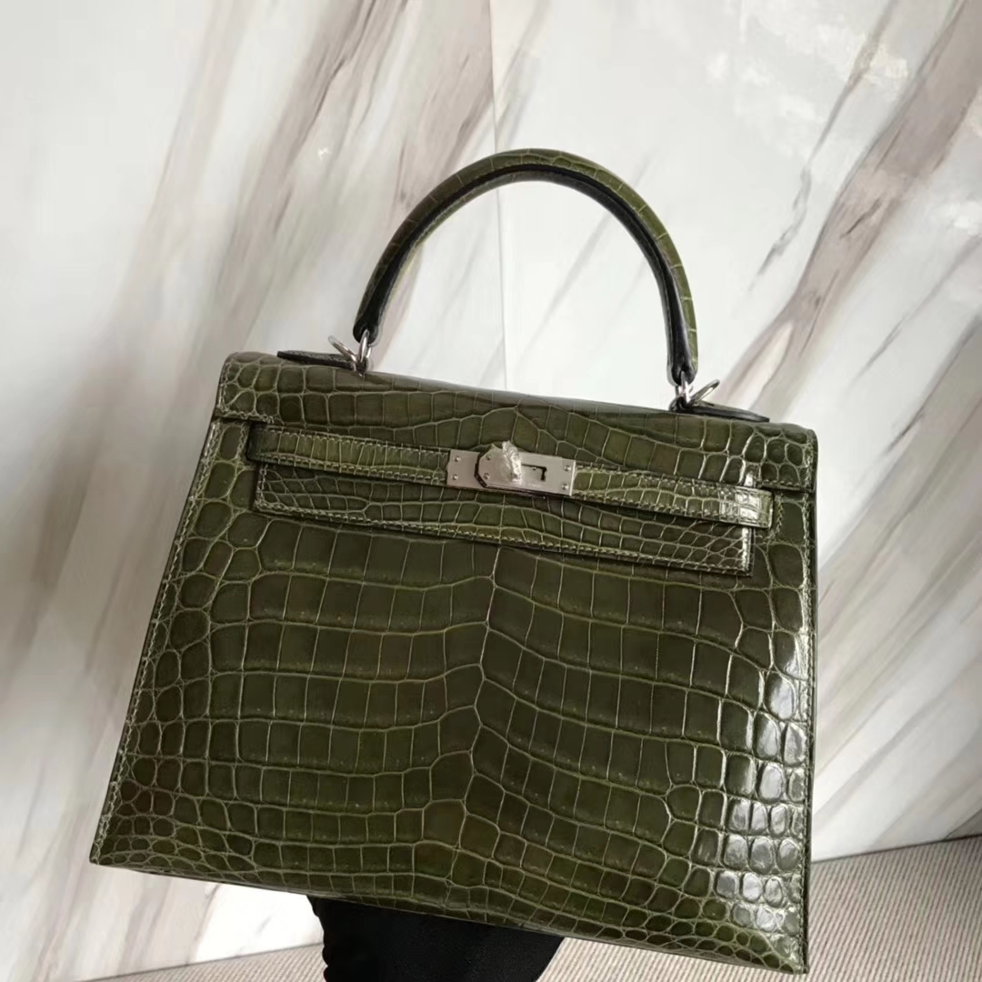 スポットエルメスバッグ価格エルメス光沢のあるクロコダイルスキンケリーバッグKelly25CM6Hオリーブグリーンシルバーバックル