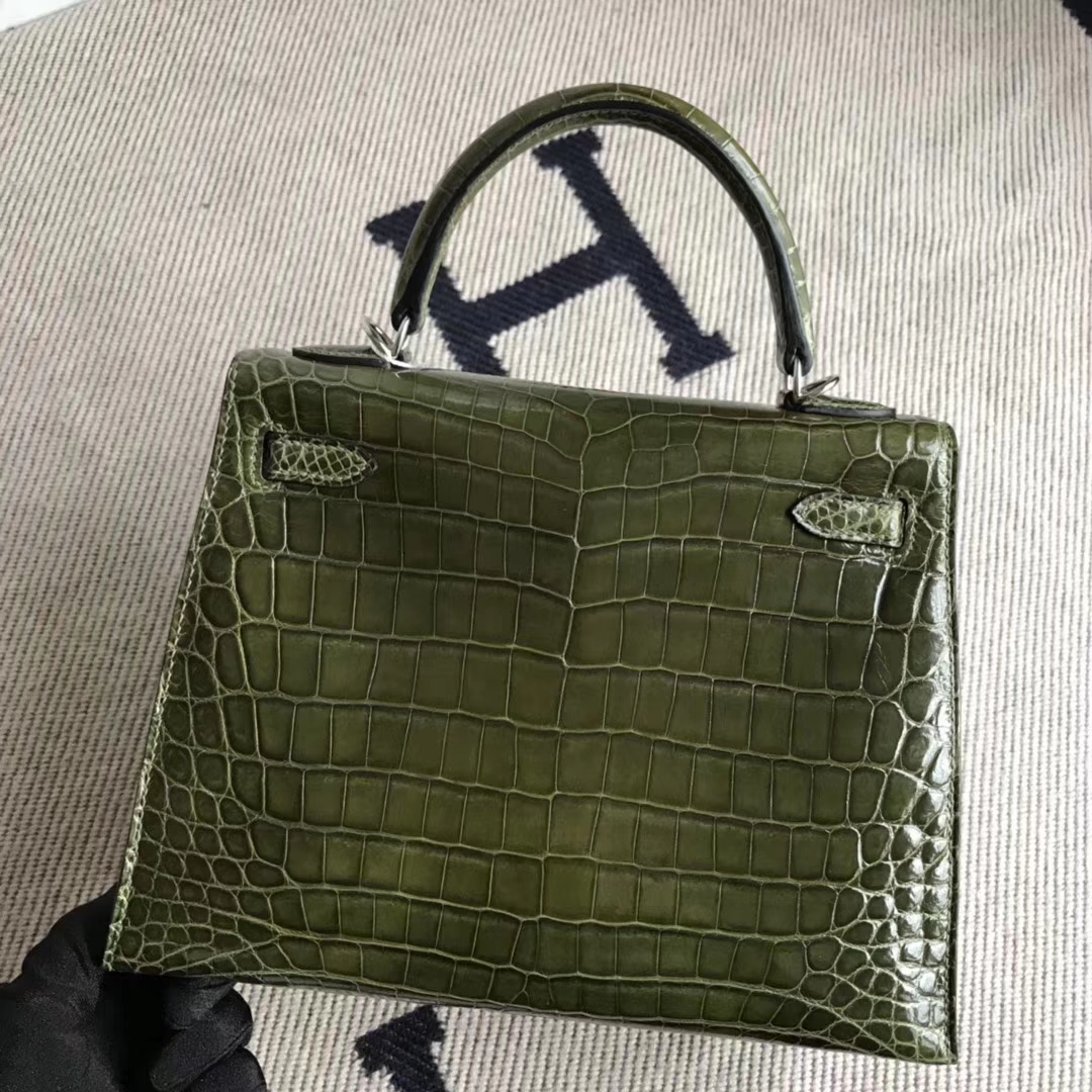 スポットエルメスバッグ価格エルメス光沢のあるクロコダイルスキンケリーバッグKelly25CM6Hオリーブグリーンシルバーバックル