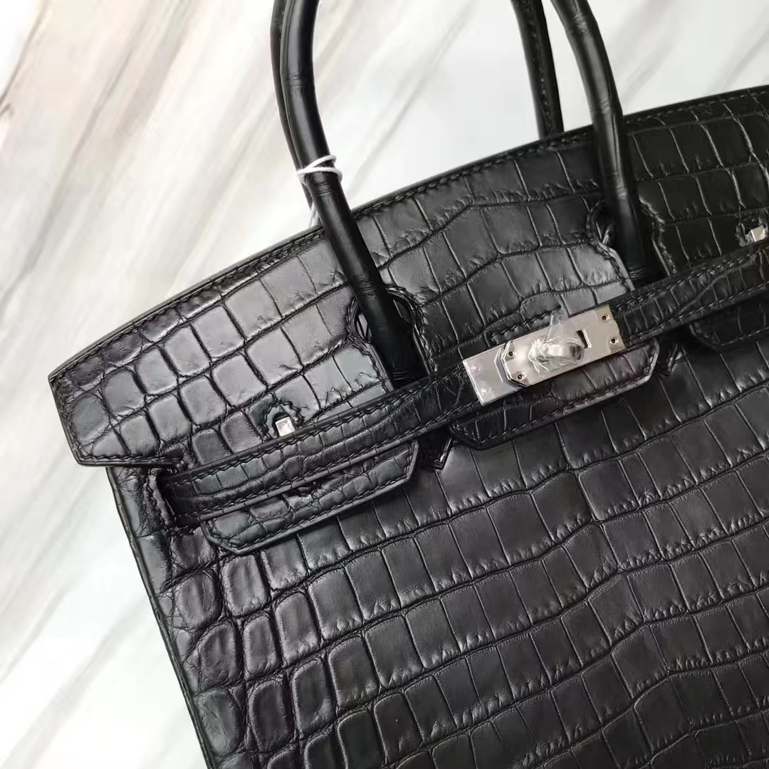 スポットエルメスバーキンレディースバッグエルメスマットクロコダイルレザーCK89ブラックプラチナバッグBirkin25CMシルバーバックル