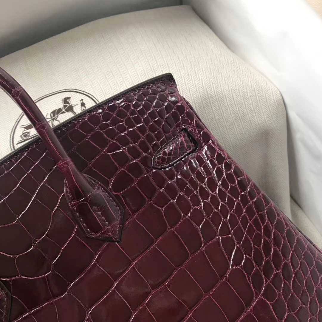 スポットエルメスバッグソースエルメスクロコダイルレザープラチナバッグBirkin25CMCK57ボルドーレッドゴールド/シルバーバックル