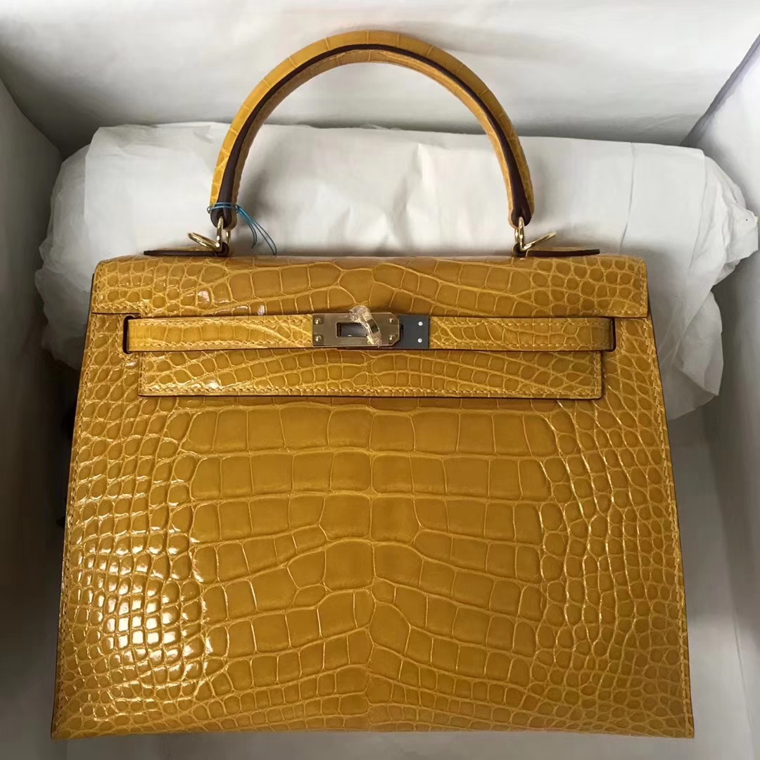 エルメスケリーバッグサイズエルメスケリー25CM9Dアンバーイエローシャイニークロコダイルレザーゴールドバックル