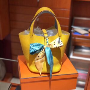 ピコタン展示|エルメスピコチンレディースバッグエルメスオリジナルクレマンスレザーベジタブルバスケットバッグ9Vサンイエローシルバーバックル