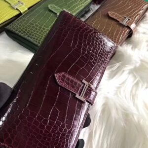 財布・小物展示|エルメスウォレットエルメスブルゴーニュシャイニークロコダイルレザーベアンウォレットクラッチシルバーバックル