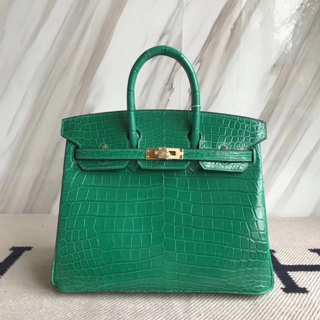 広州バッグ卸売エルメス6Qエメラルドグリーン光沢のあるクロコダイルレザープラチナバッグBirkin25CMゴールドバックル