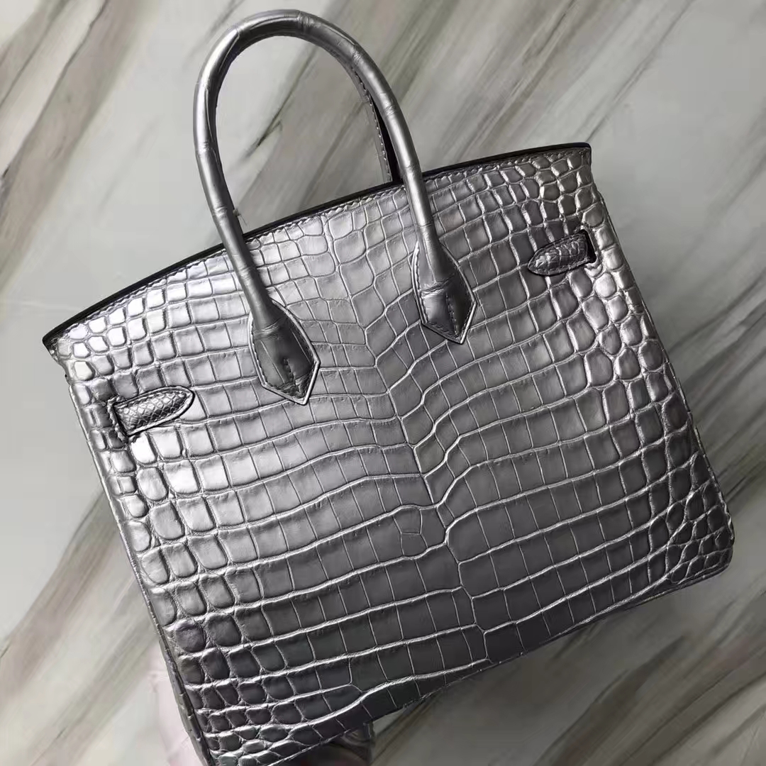 カスタムエルメスクロコダイルレザープラチナバッグエルメスBirkin25CMシルバートップクロコダイルレザー手縫いシルバーバックル