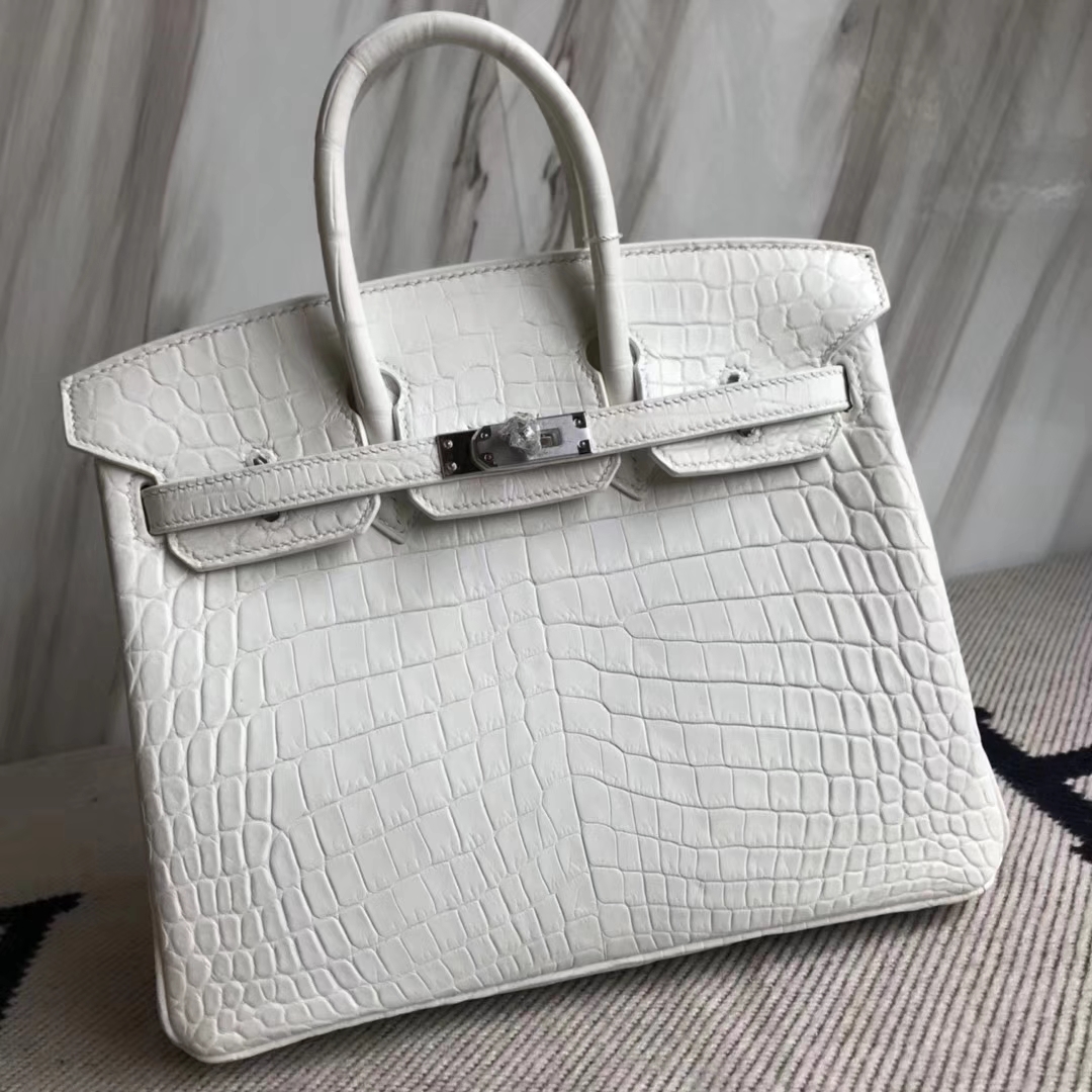 エルメスBirkin25CMエルメス輸入マットクロコダイルレザープラチナバッグ01ピュアホワイトシルバーバックル