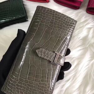 財布・小物展示|エルメスシャイニークロコダイルレザーHバックルベアンウォレットカードホルダーグレーシルバーバックル