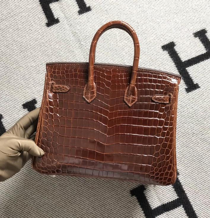 スポットエルメスバーキンレディースバッグエルメスブラウンピカピカクロコダイルレザープラチナバッグBirkin25CMシルバーバックル