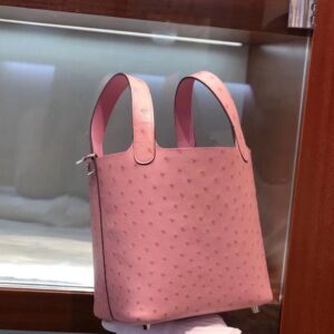 ピコタン展示|エルメスバケットバッグエルメスピコチン18CMCK94セラミックパウダーKKオーストリッチスキンベジタブルバスケットバッグシルバーバックル