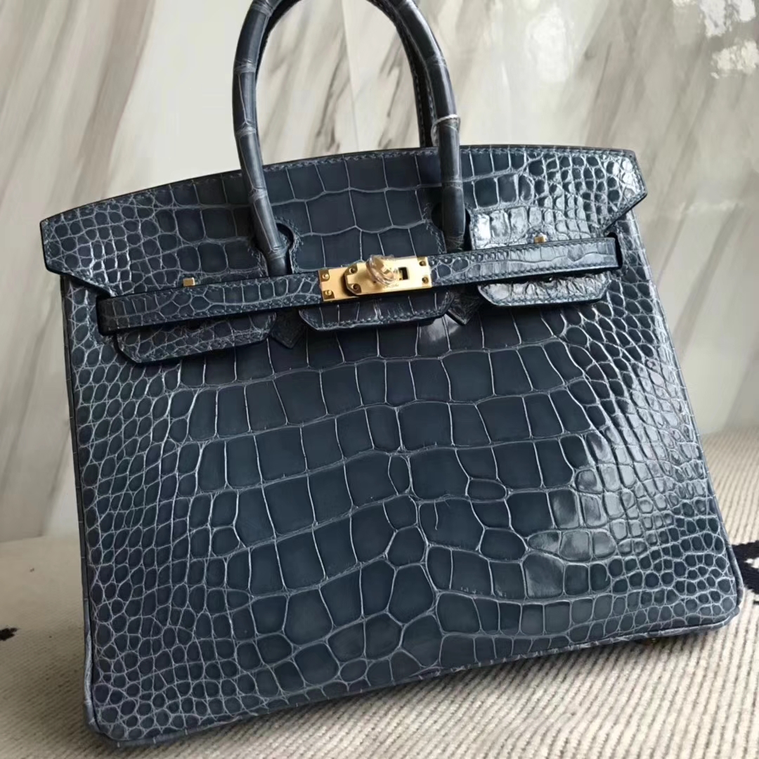 広州バッグ卸売エルメス1Pダックブルー光沢のあるクロコダイルレザープラチナバッグBirkin25CMゴールドバックル