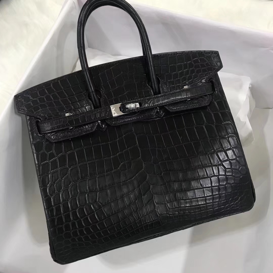 エルメスバーキンバッグエルメスブラックマットクロコダイルレザープラチナバッグBirkin25CMシルバーバックル