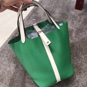 ピコタン展示|エルメスオリジナルクレマンスレザーピコチンベジタブルバスケットバッグバンブーグリーンパールグレーシルバーバックル付き