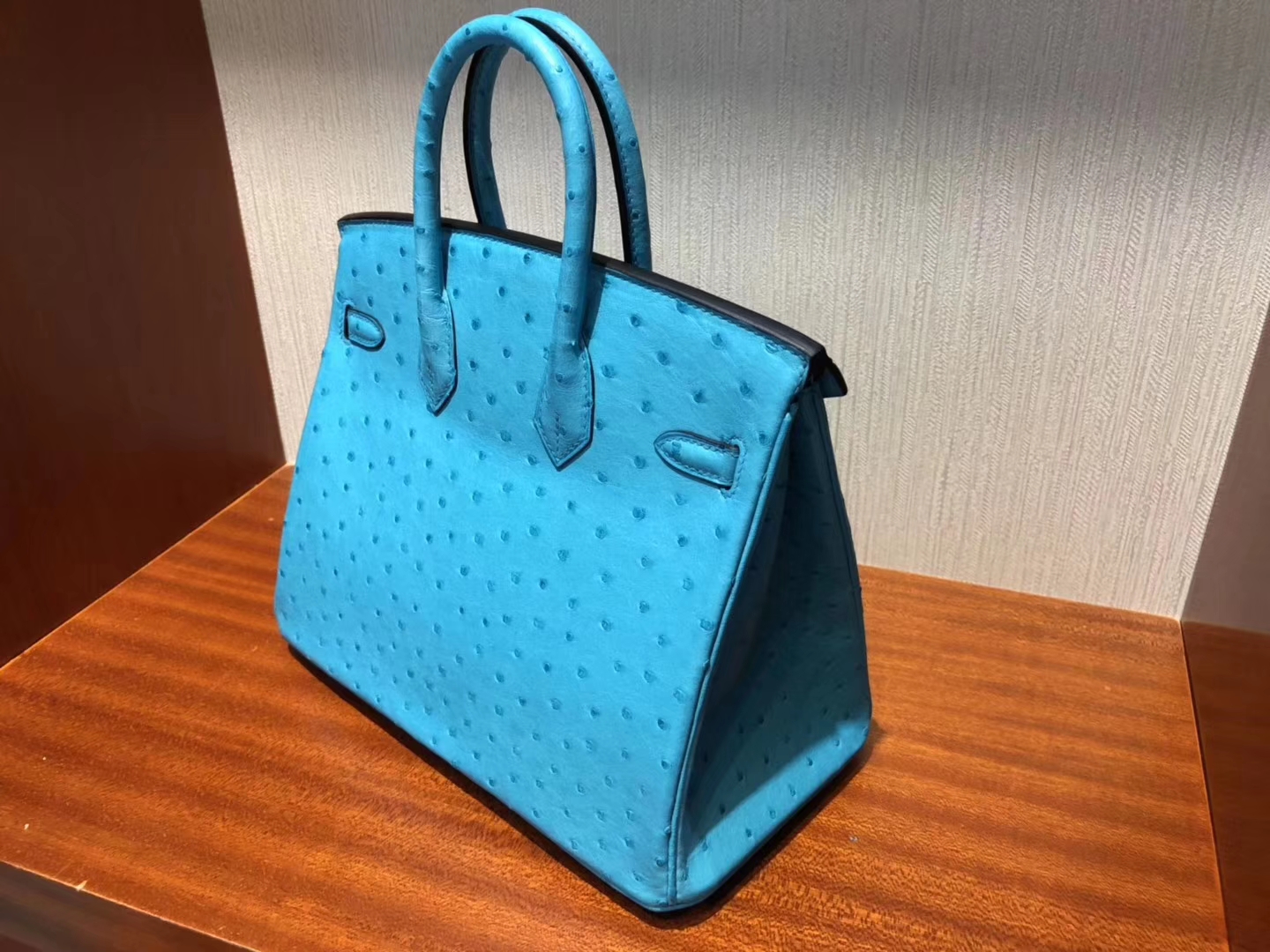 スポットエルメスバーキンレディースバッグエルメストップKKオーストリッチレザープラチナバッグBirkin25CM3Pマカロンブルーシルバーバックル