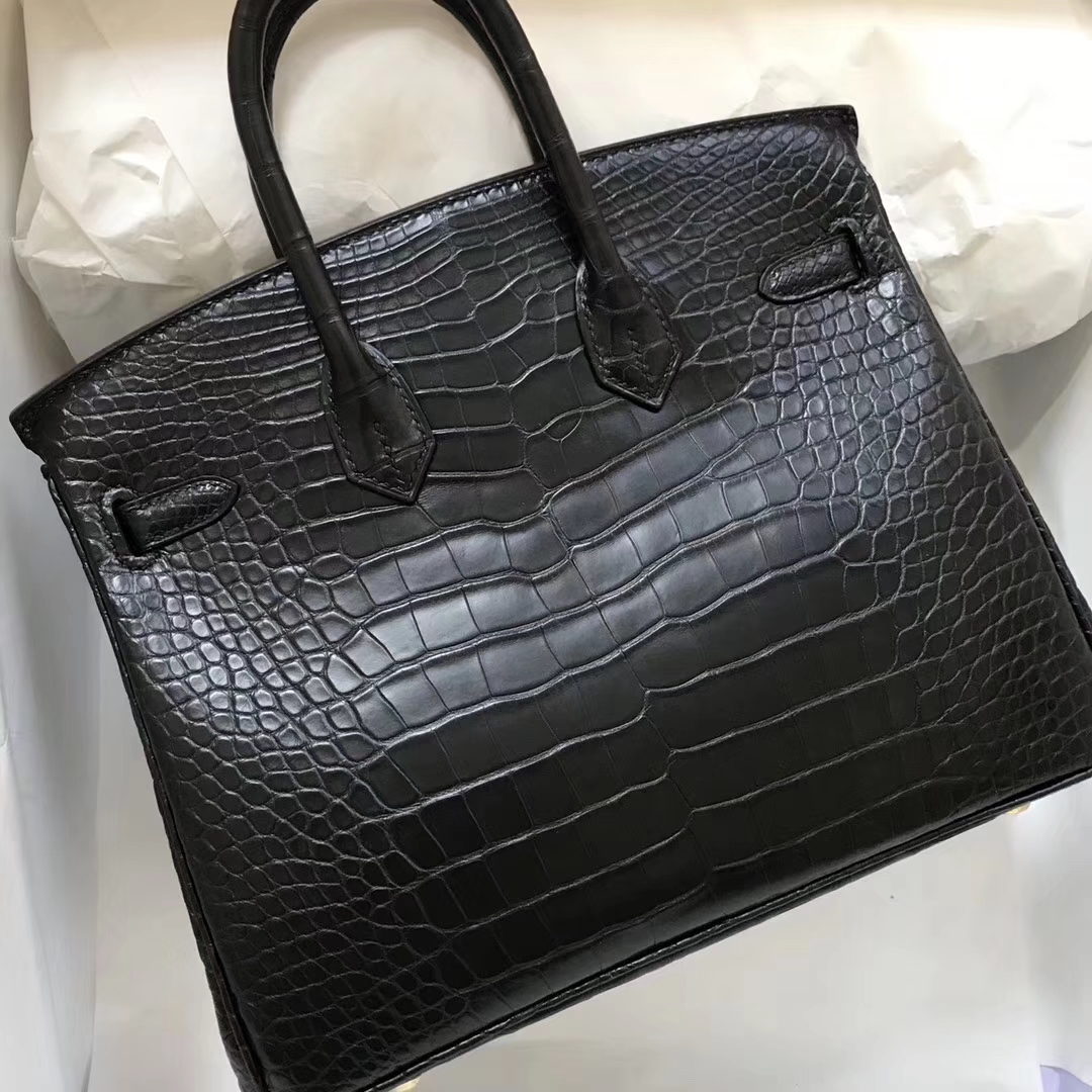 スポットエルメスバーキンバッグエルメスマットクロコダイルレザープラチナバッグBirkin25CMck89ブラックゴールドバックル