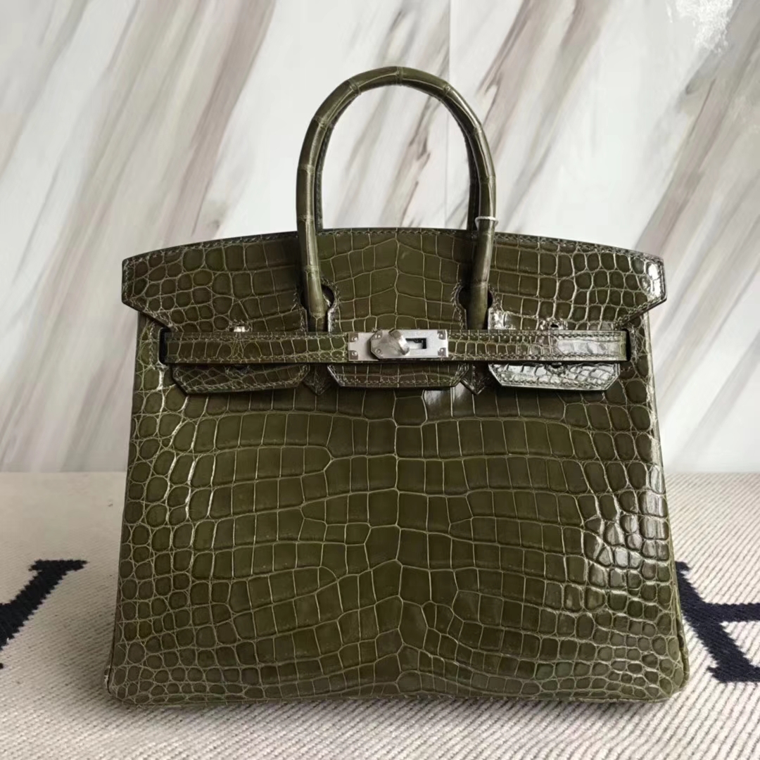 エルメスBirkin25CMエルメス輸入光沢クロコダイルレザープラチナバッグ6Hオリーブグリーンシルバーバックル