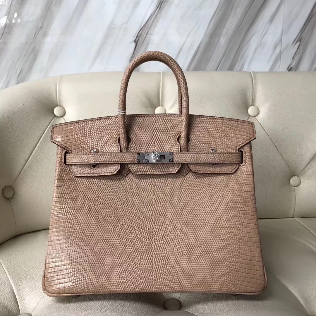 エルメスバーキンバッグエルメス輸入光沢リザードスキンプラチナバッグBirkin25CMCC24ミルクティーシルバーバックル