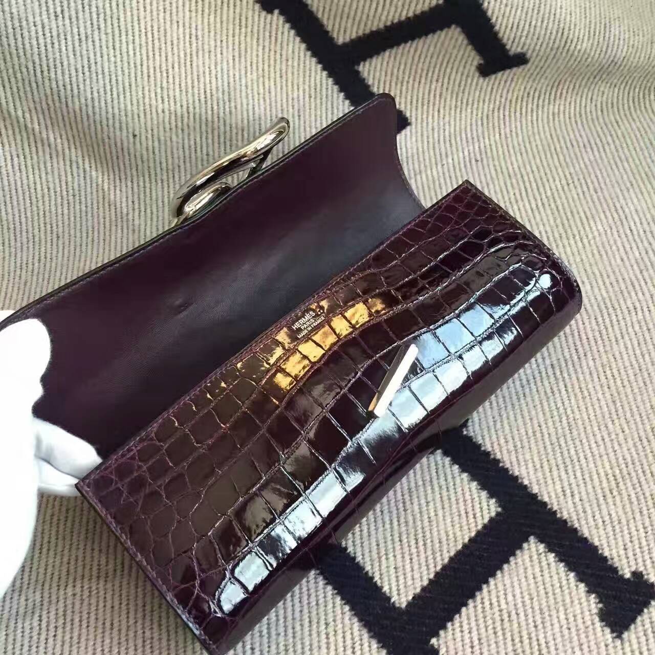 エルメスエルメス輸入光沢クロコダイルレザーピッグノーズハンドバッグイブニングバッグ9Gアメジスト