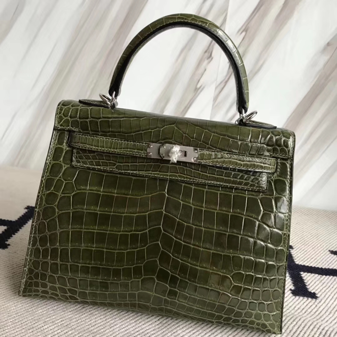 スポットエルメスバッグ価格エルメス光沢のあるクロコダイルスキンケリーバッグKelly25CM6Hオリーブグリーンシルバーバックル