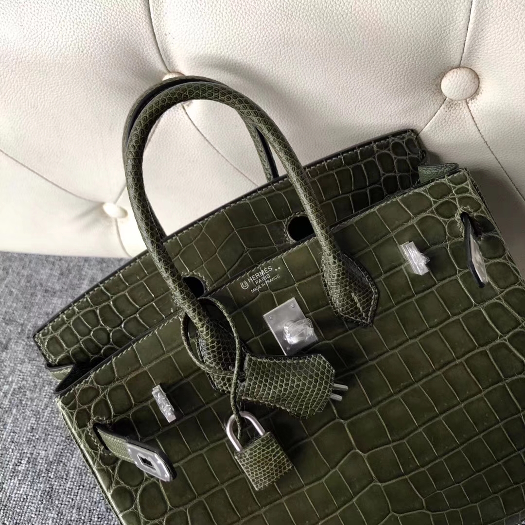 カスタムエルメスクロコダイルレザーとトカゲの皮プラチナバッグエルメスBirkin25CM6Hオリーブグリーンシルバーバックル