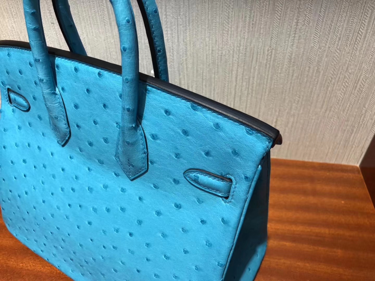 スポットエルメスバーキンレディースバッグエルメストップKKオーストリッチレザープラチナバッグBirkin25CM3Pマカロンブルーシルバーバックル