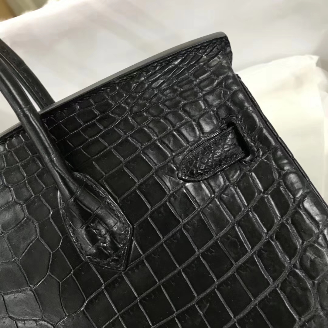 エルメスバーキンバッグエルメスブラックマットクロコダイルレザープラチナバッグBirkin25CMシルバーバックル