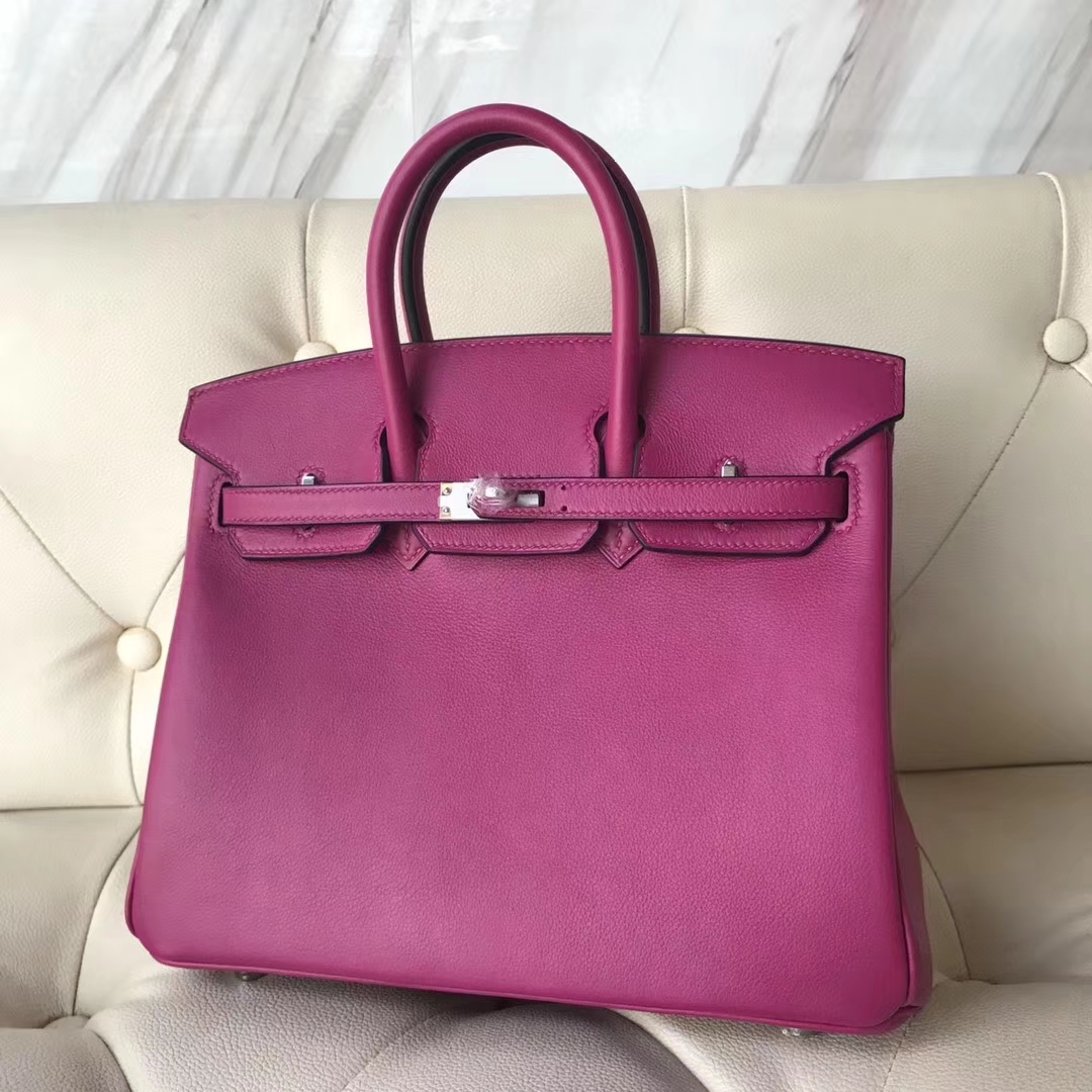 エルメスレディースバッグ卸売エルメスL3ローズパープルオリジナルスウィフトレザーバーキンBirkin25CMシルバーバックル