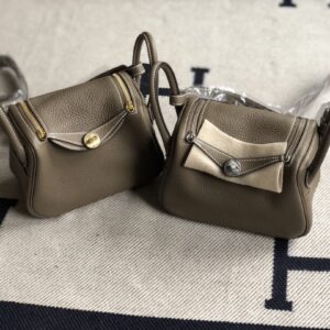 リンディ展示｜エルメスミニリンディ19cmエルメスCK18エレファントグレーTCレザーミニリンディバッグゴールド/シルバーバックル