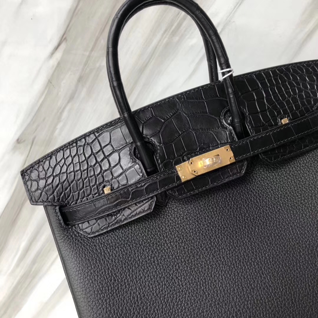 スポットエルメスタッチシリーズプラチナバッグエルメスブラックレザーステッチクロコダイルレザーBirkin25CMローズゴールドバックル