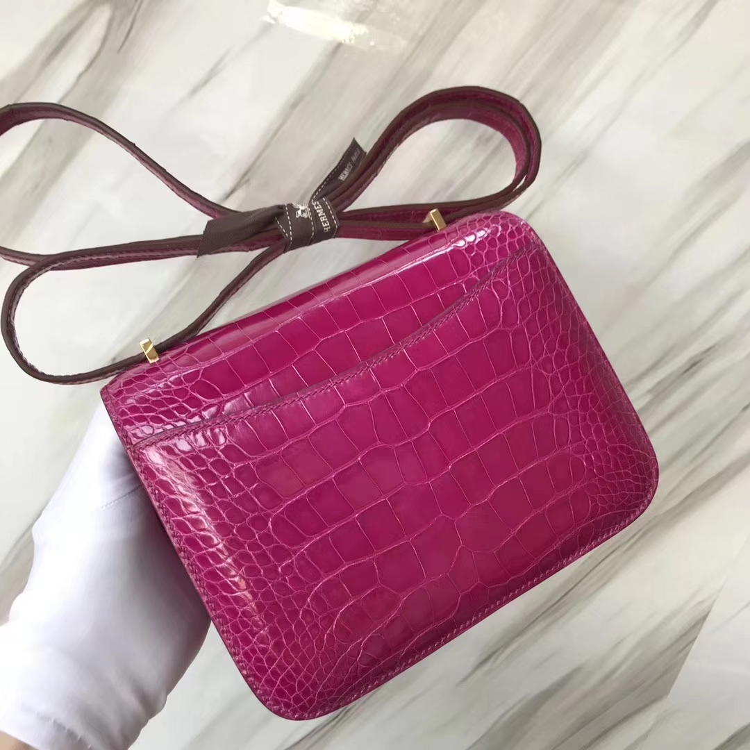エルメスバッグカスタムエルメスシャイニークロコダイルレザースチュワーデスバッグConstance18CMJ5アラビアンナイトピンクパープルゴールドバックル