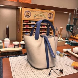 ピコタン展示｜エルメスピコティンレディースバッグエルメスオリジナルクレマンスレザー80パールグレーR2瑪瑙ブルーベジタブルバスケットバッグシルバーバックル