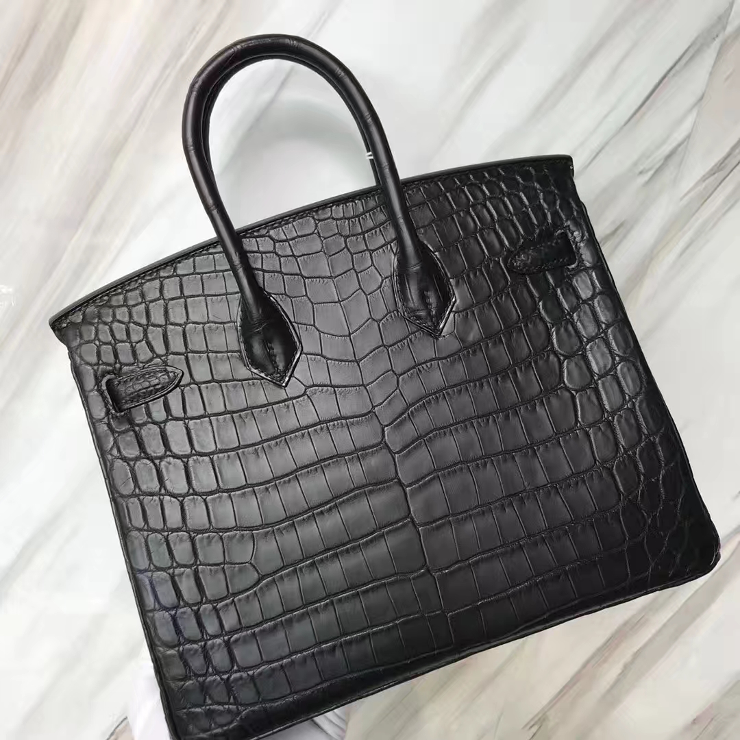 スポットエルメスバーキンレディースバッグエルメスマットクロコダイルレザーCK89ブラックプラチナバッグBirkin25CMシルバーバックル