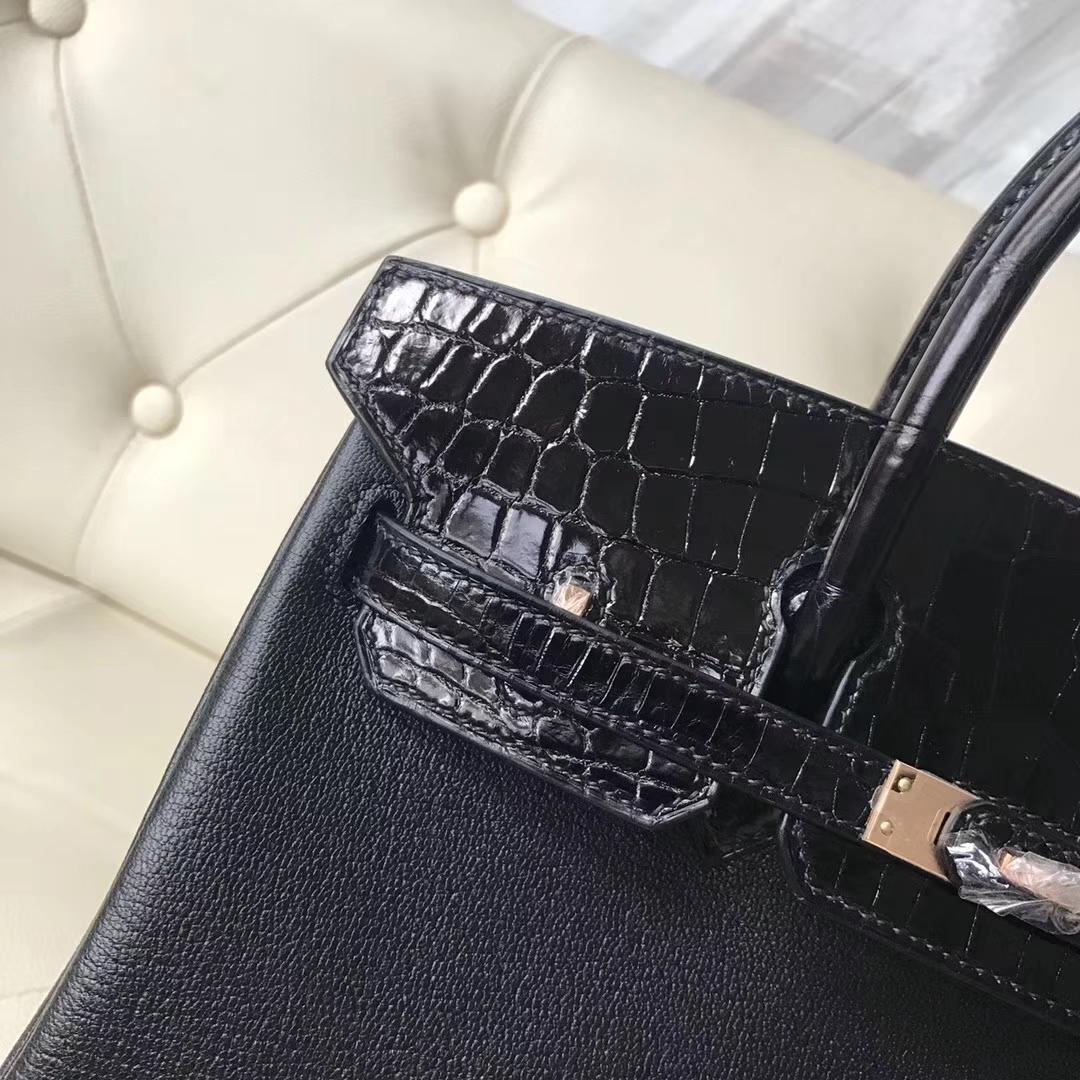 エルメスバッグ公式サイトエルメスブラックシャイニークロコダイルレザーと牛革プラチナバッグBirkin25CMローズゴールドバックル