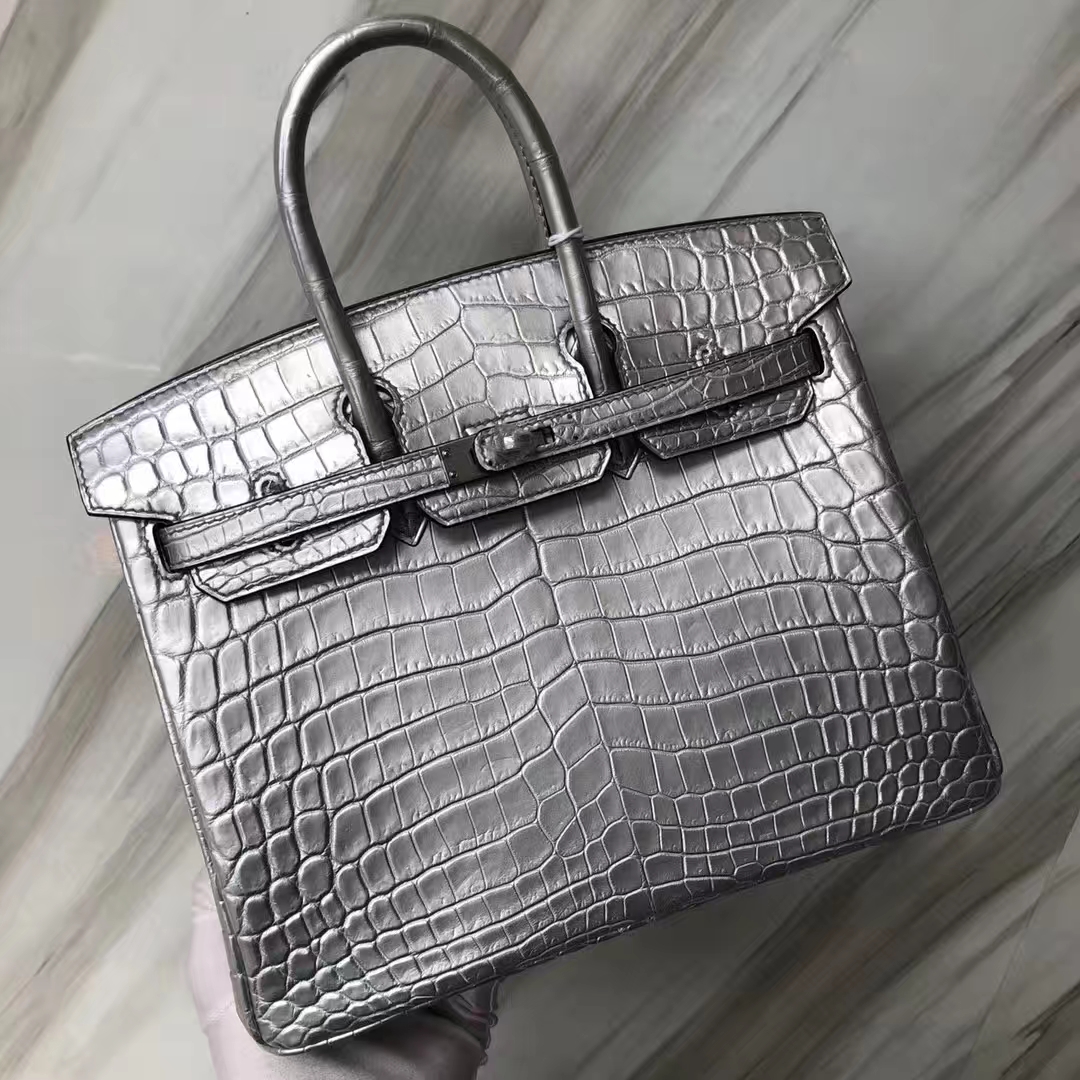 カスタムエルメスクロコダイルレザープラチナバッグエルメスBirkin25CMシルバートップクロコダイルレザー手縫いシルバーバックル