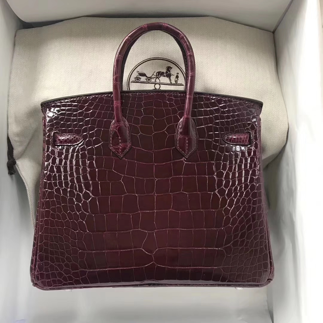 スポットエルメスバッグソースエルメスクロコダイルレザープラチナバッグBirkin25CMCK57ボルドーレッドゴールド/シルバーバックル