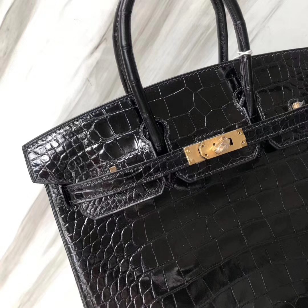 スポットエルメスバーキンレディースバッグエルメスシャイニークロコダイルレザープラチナバッグBirkin25CMck89ブラックゴールドバックル