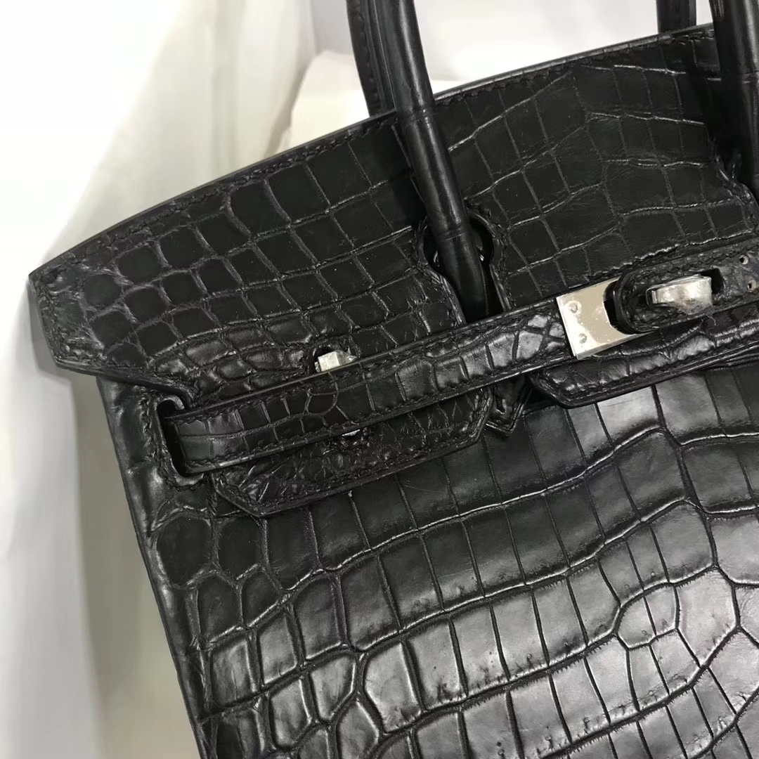 エルメスバーキンバッグエルメスブラックマットクロコダイルレザープラチナバッグBirkin25CMシルバーバックル