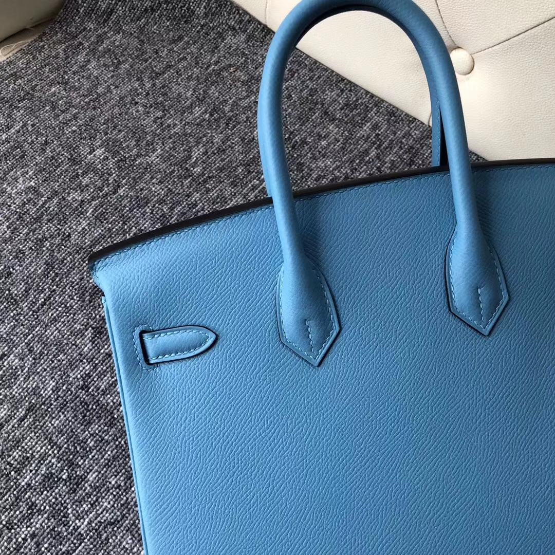 スポットエルメスバッグ卸売エルメスP3ノーザンブルーパームグレイン牛革プラチナバッグBirkin25CMシルバーバックル